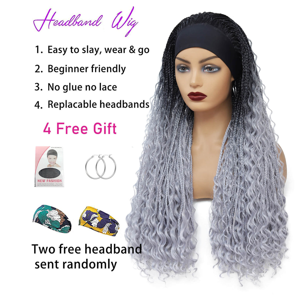 Headband Braided Wigs With Free Tress Box Braided Wigs for Black Women Long Micro Braids Wig Ombre Grey Color