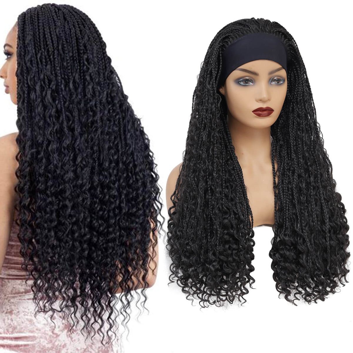 Headband Braided Wigs With Free Tress Box Braided Wigs for Black Women Long Micro Braids Wig Black  Color