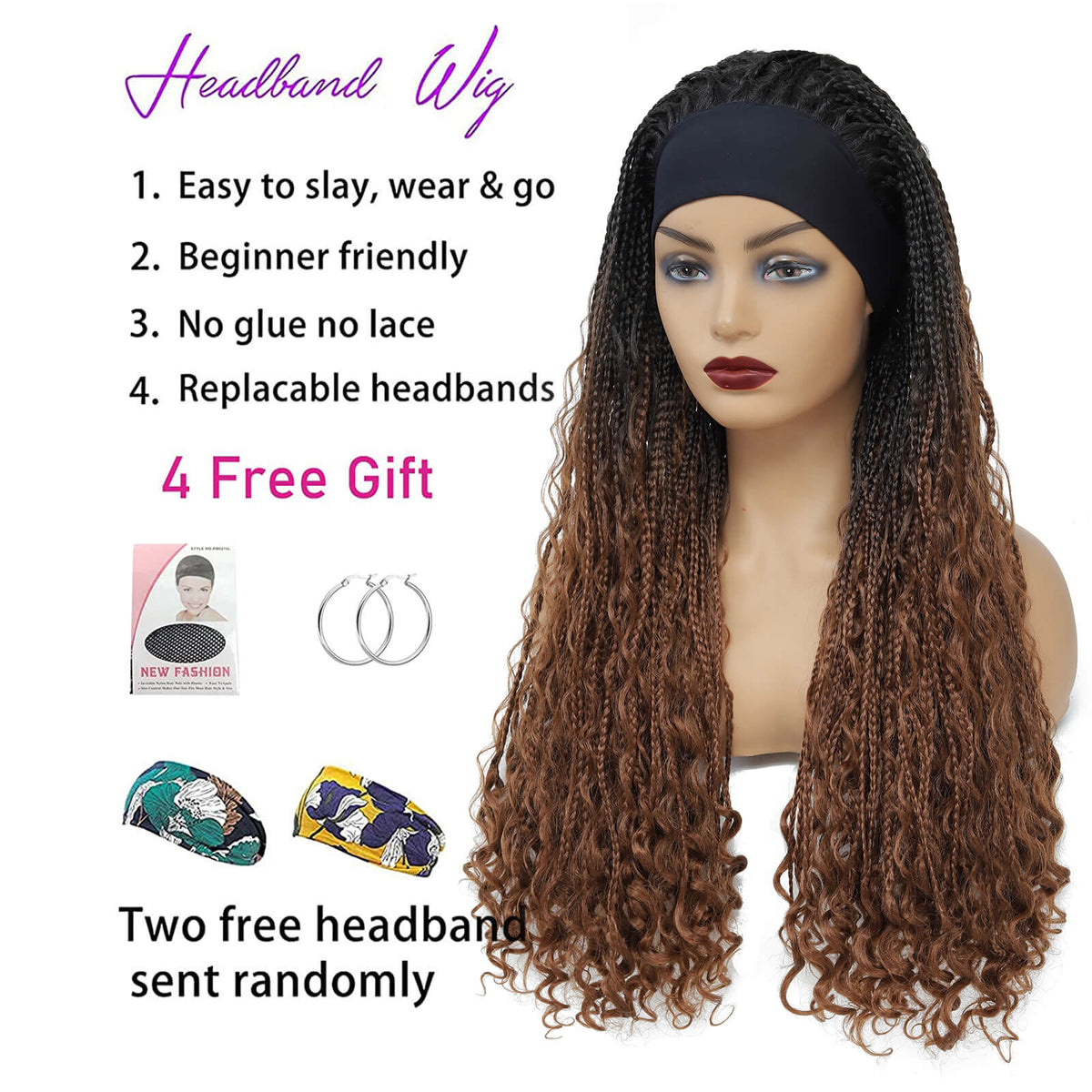 Headband Braided Wigs With Free Tress Box Braided Wigs for Black Women #30 Long Micro Braids Wig Ombre Brown Color