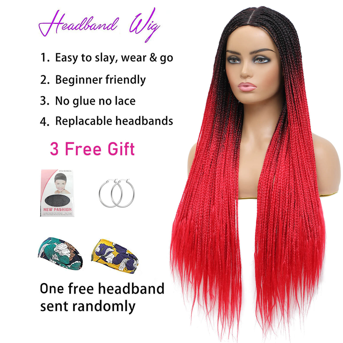 Ombre Red Box Braided Wigs 30' Long Micro Braids Fake Scalp Wig – ROSEBONY
