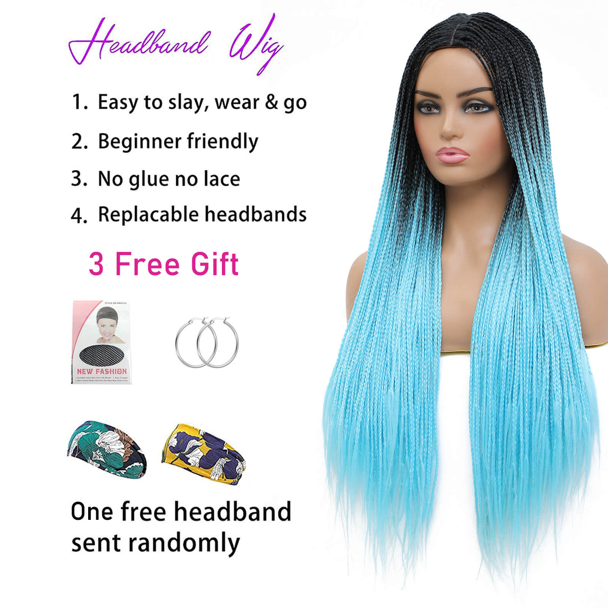 Ombre Blue Box Braided Wigs 30' Long Micro Braids Fake Scalp Wig – ROSEBONY