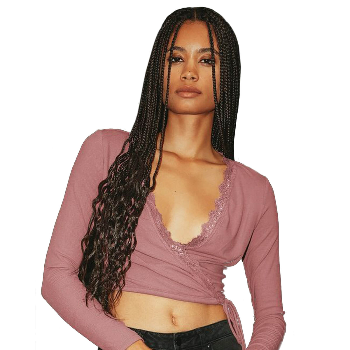 Box Braided Wig with Goddess Curly Ends Black Color