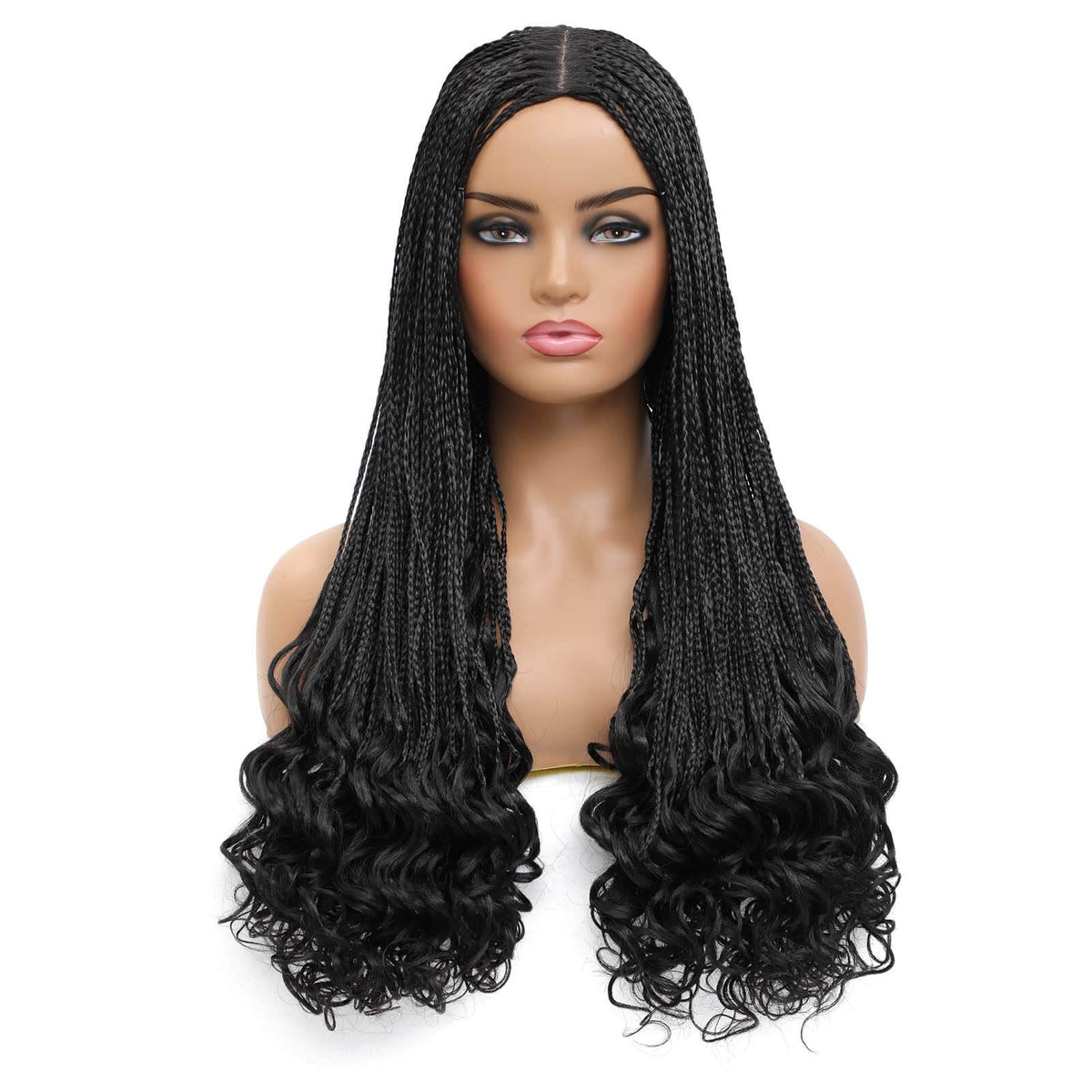 Box Braided Wig with Goddess Curly Ends Black Color Product Show