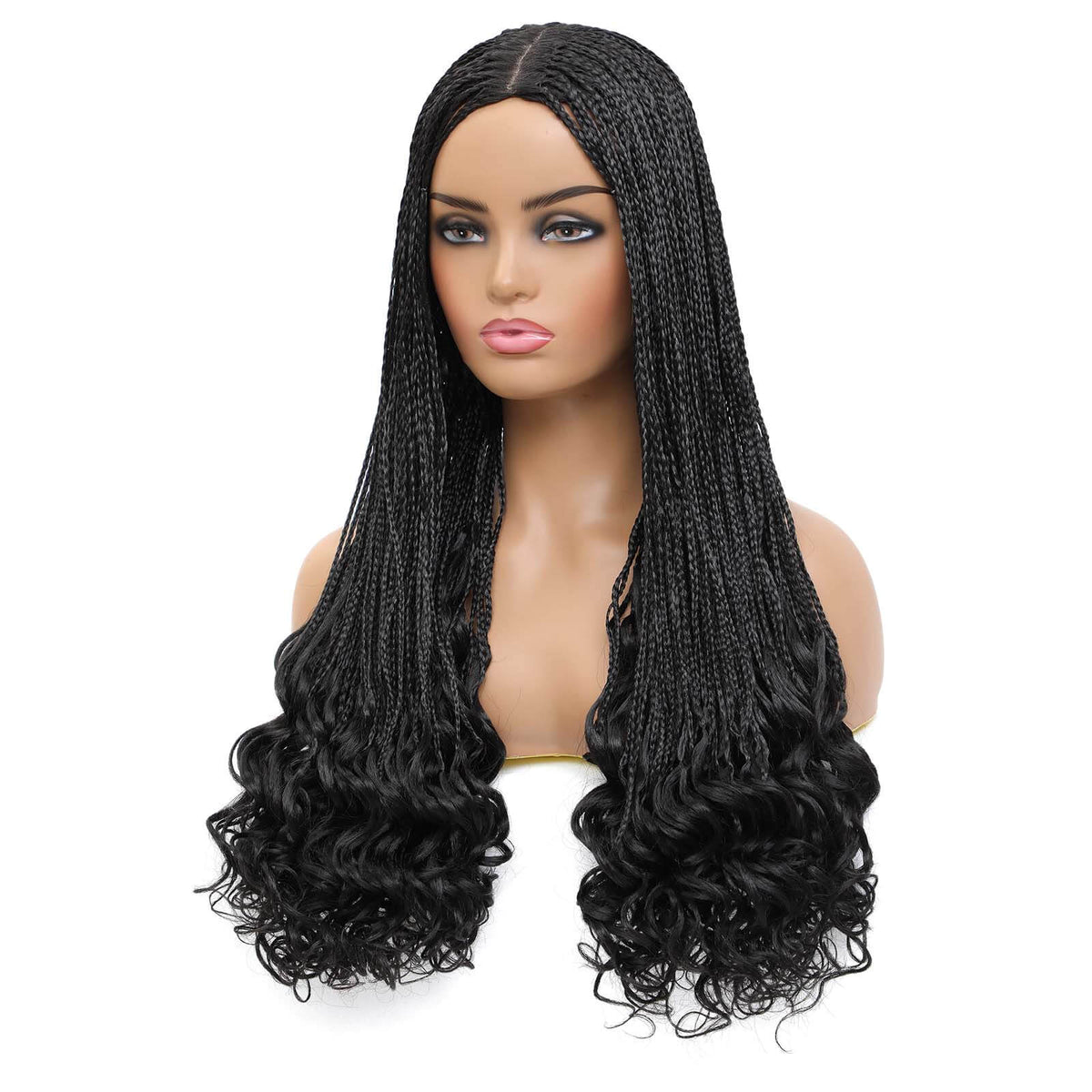 Box Braided Wig with Goddess Curly Ends Black Color Side Show