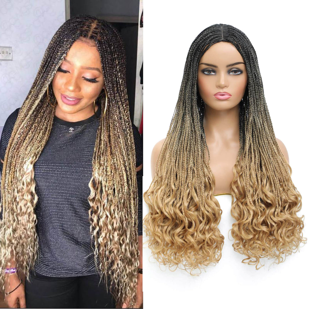 Box Braided Wig with Goddess Curly Ends Ombre Blonde #27 Color