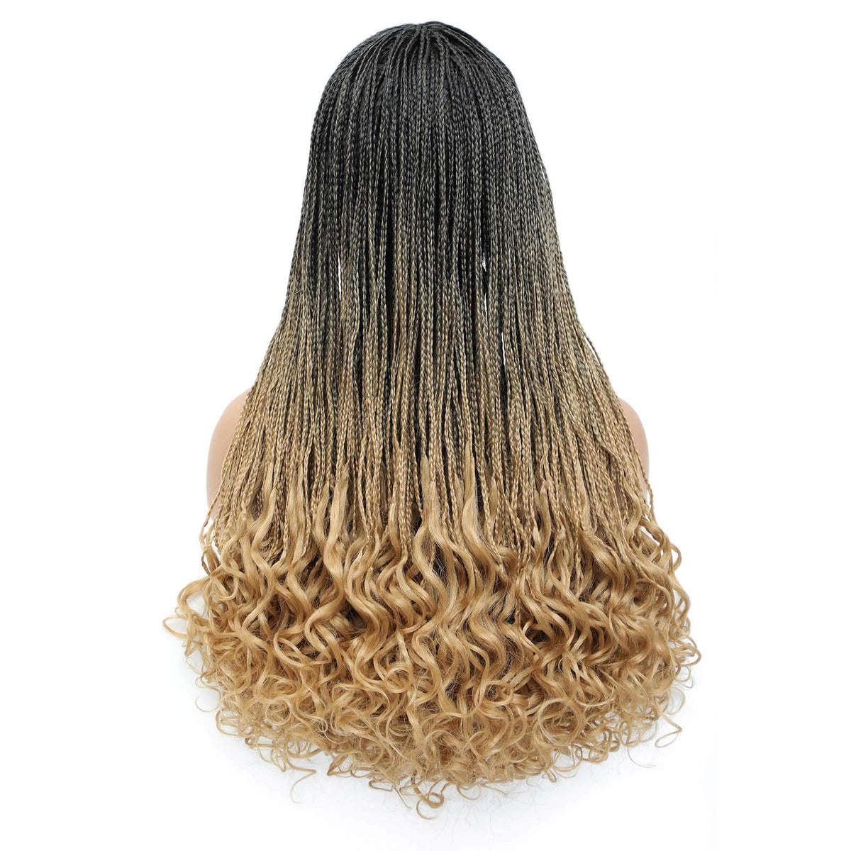 Box Braided Wig with Goddess Curly Ends Ombre Blonde #27 Color Right Back Show