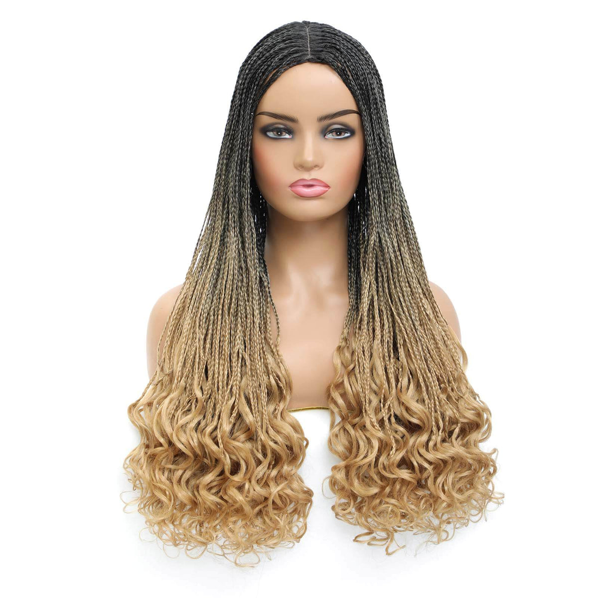 Box Braided Wig with Goddess Curly Ends Ombre Blonde #27 Color Right Front Show