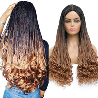 Box Braided Wig with Goddess Curly Ends Ombre Brown #30 Color