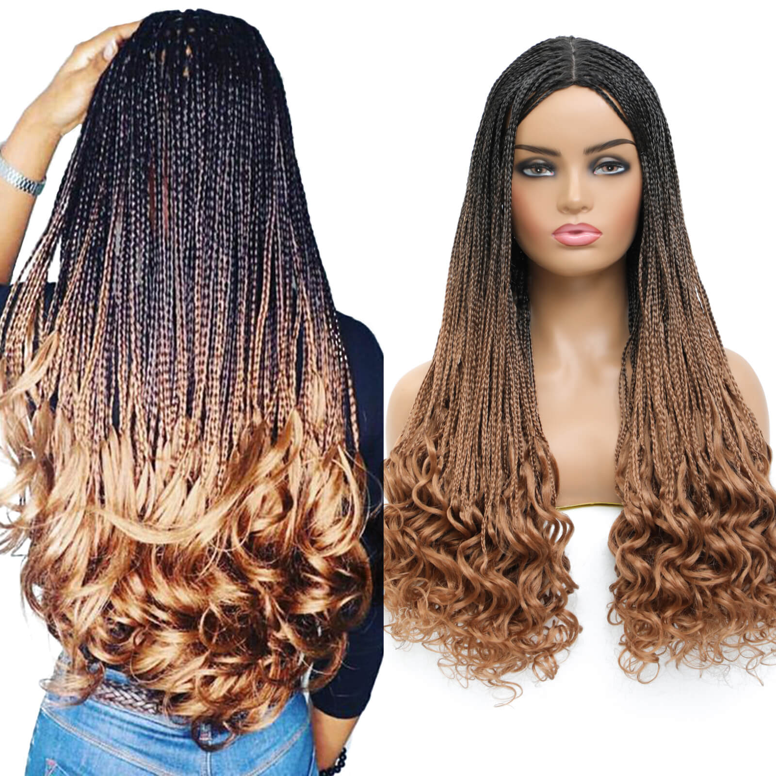Ombre Brown Box Braided Wigs 30' Long Micro Braids with Curly Ends