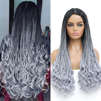 Box Braided Wig with Goddess Curly Ends Ombre Grey Silver Gray Color