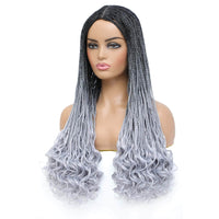 Box Braided Wig with Goddess Curly Ends Ombre Grey Silver Gray Color Product Show