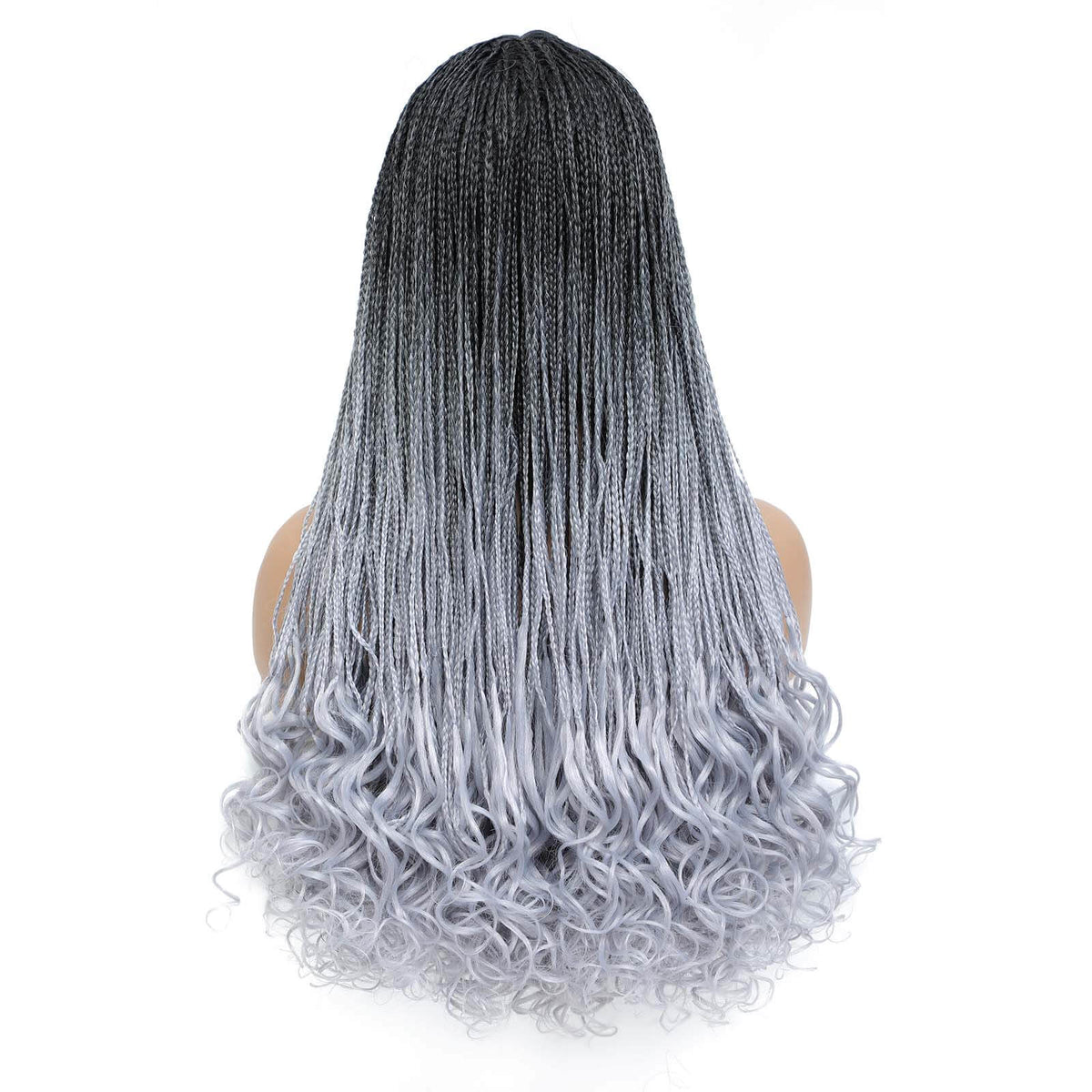 Box Braided Wig with Goddess Curly Ends Ombre Grey Silver Gray Color Right Back Show