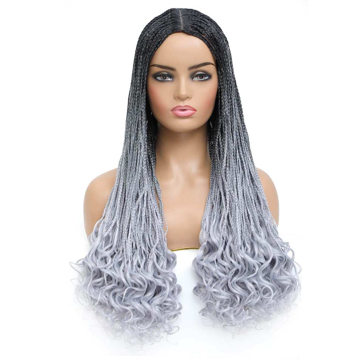Box Braided Wig with Goddess Curly Ends Ombre Grey Silver Gray Color Right Front Show