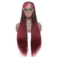 Ombre  Burgundy Box Braided Headband Wigs for  Black Women Micro Braids Long Wig With Colorful Headband