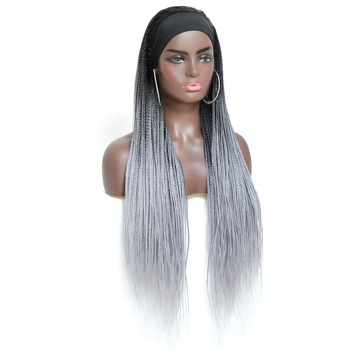 Ombre  Silver Gray Box Braided Headband Wigs for  Black Women Micro Braids Long Wig Black Headband Design