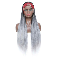 Ombre  Silver Gray Box Braided Headband Wigs for  Black Women Micro Braids Long Wig With Colorful Headband