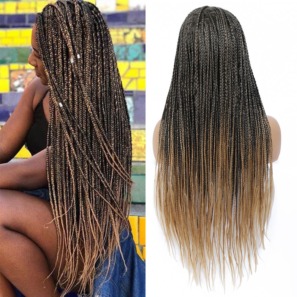 Gold Brown Box Braided Wigs for Black Women Long Micro Braids Wig